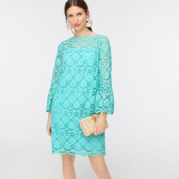 J. Crew Aqua Bell-Sleeve Embroidered Eyelet Dress - Picture 1 of 9